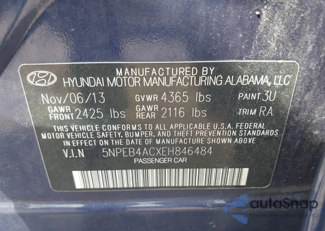 2014 Hyundai Sonata Gls z USA, uszkodzony, nr VIN 5NPEB4ACXEH846484